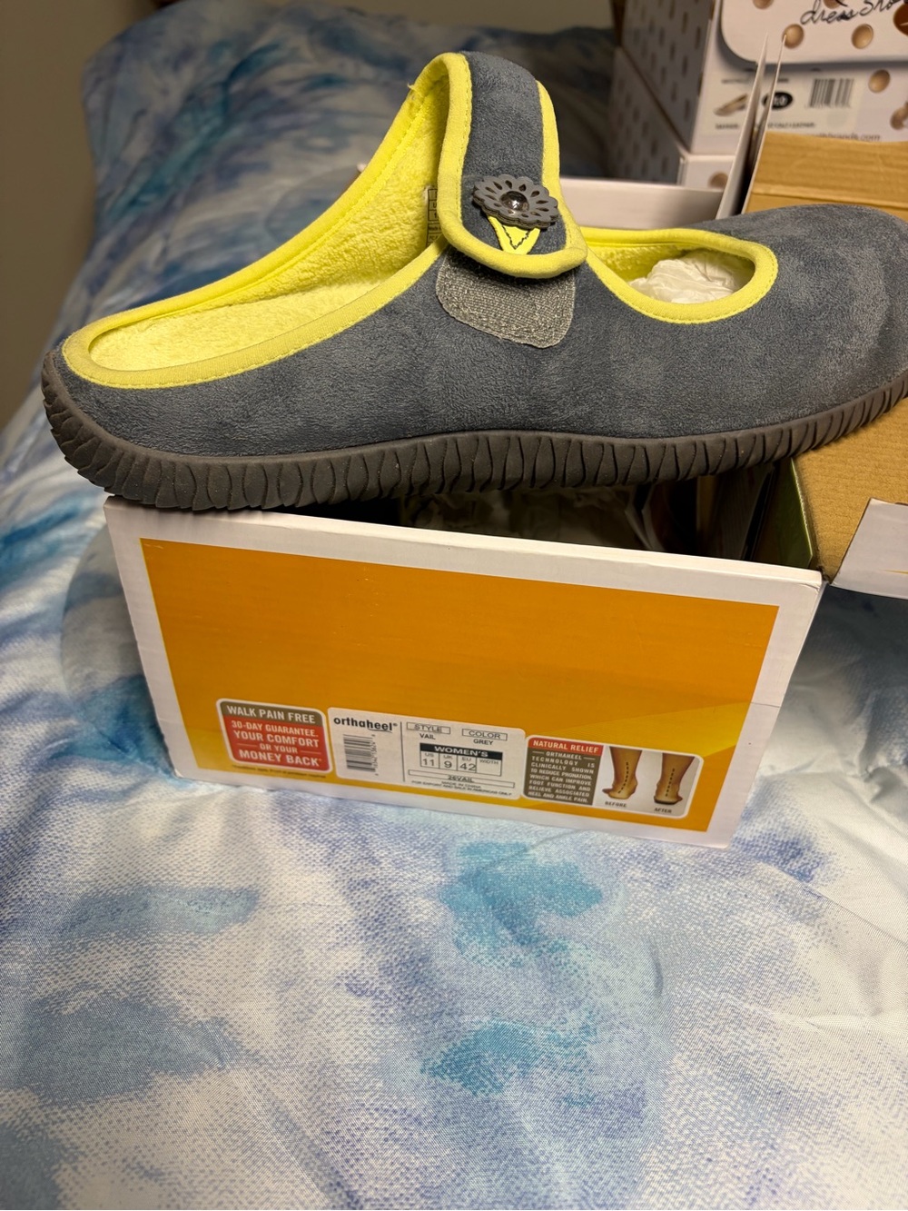 Women's Gray and Lime Slip-On Comfort Mary Jane Slipper
